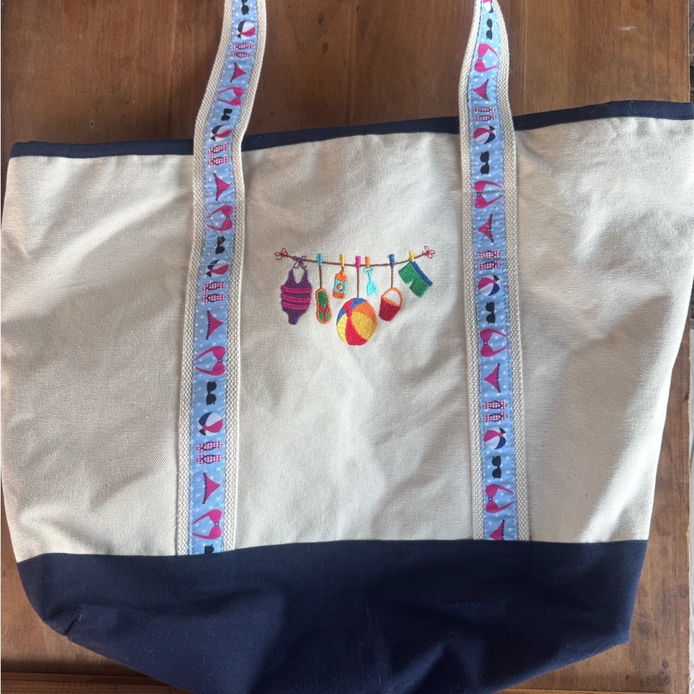 Canvas Beach Tote Bag with Navy Base and Colorful Embroidery
